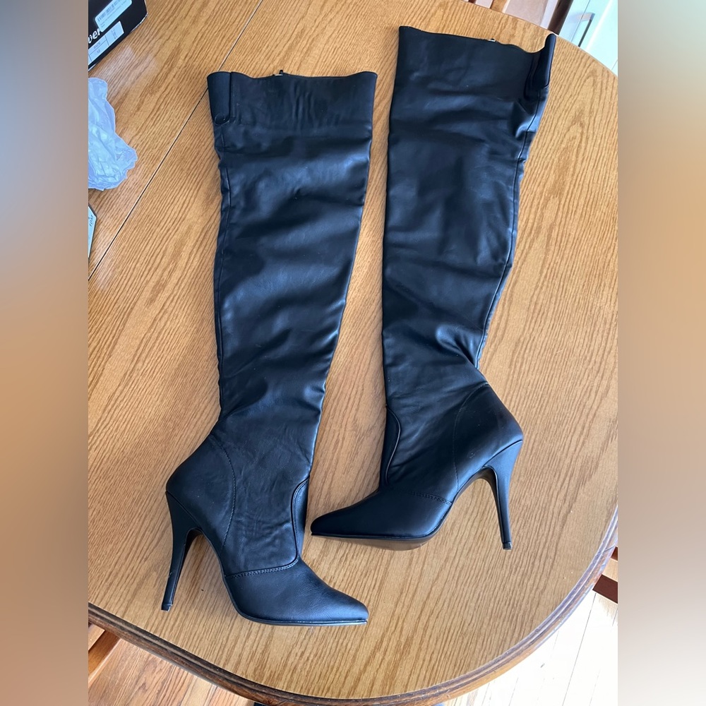 Pleaser Black thigh high 5” heel boots sz 10